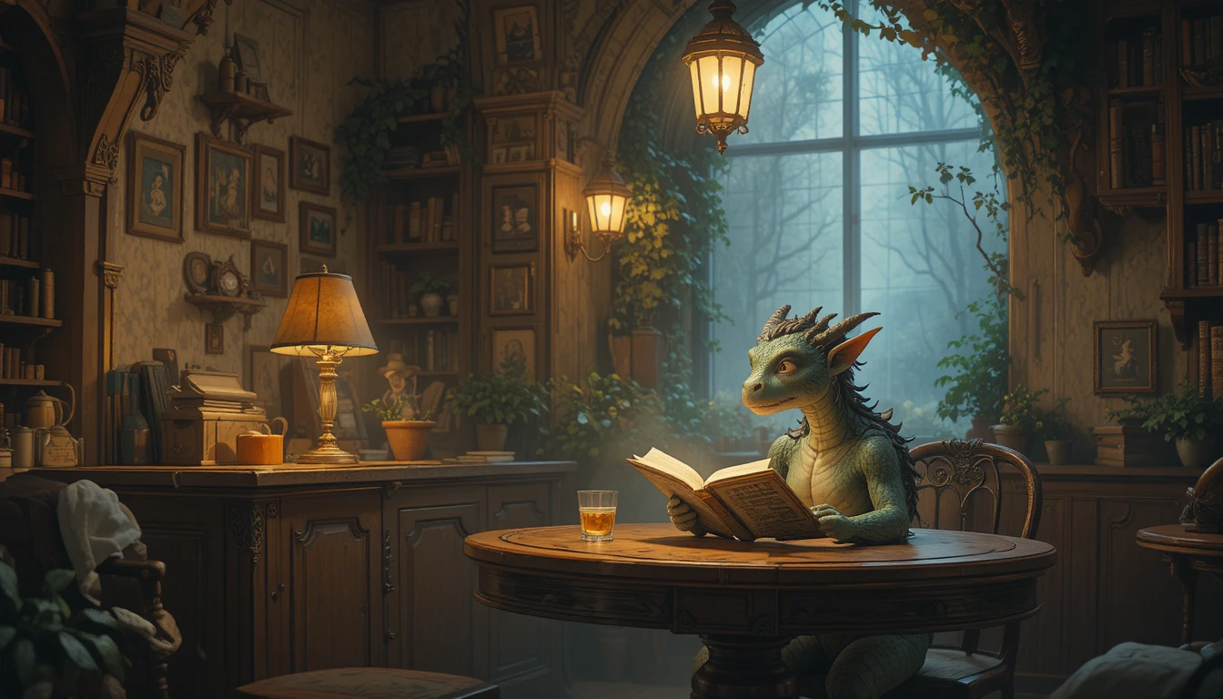 Criatura aconchegante em café lendo um pequeno livro brilhante