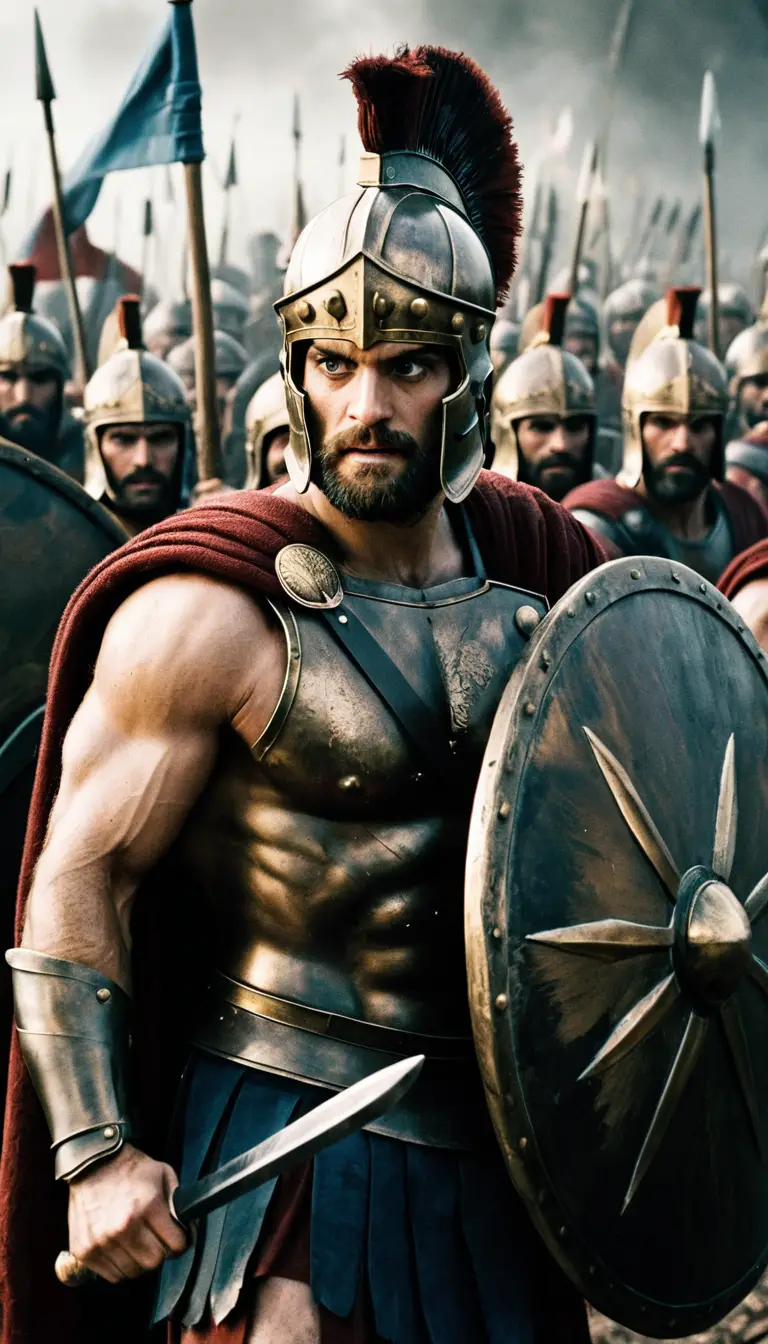 Warrior king leading Spartan soldiers on ancient battlefield