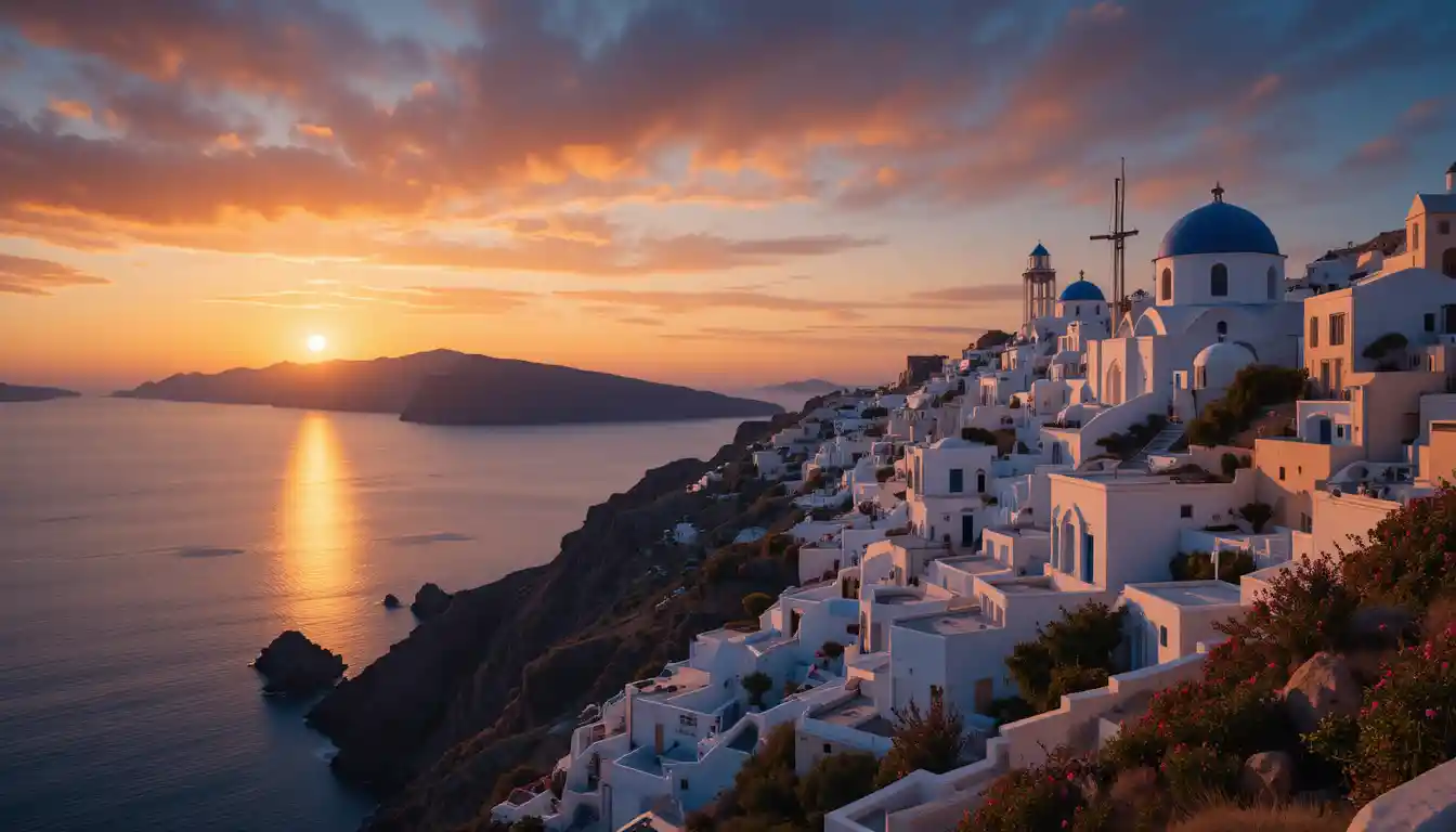 Coucher de soleil romantique à Santorin sur un village blanc à flanc de falaise