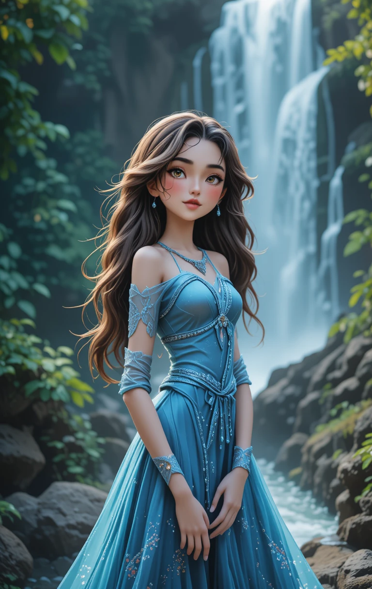 Jovem mulher de vestido azul diante de uma cachoeira poderosa