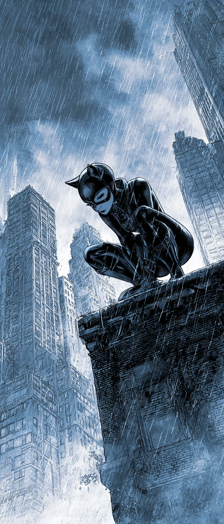 Mulher-Gato em estilo anime no topo de um arranha-céu chuvoso em Gotham City