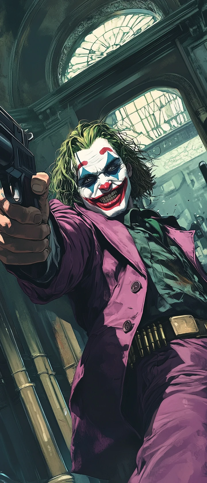 Anime bank robbery scene with villain and vintage gun