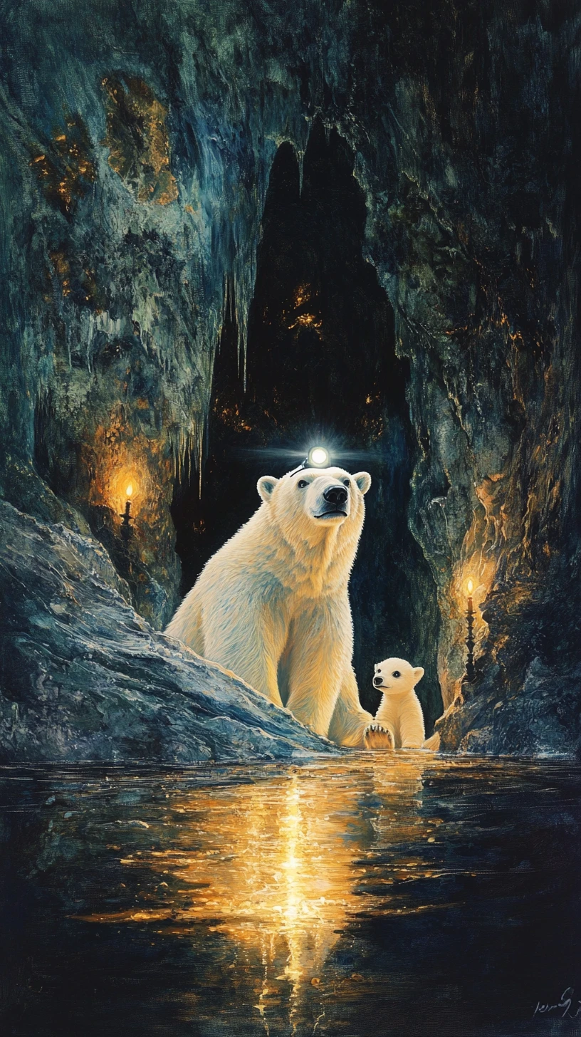 Urso polar explorador alegre em uma caverna subterrânea luminosa