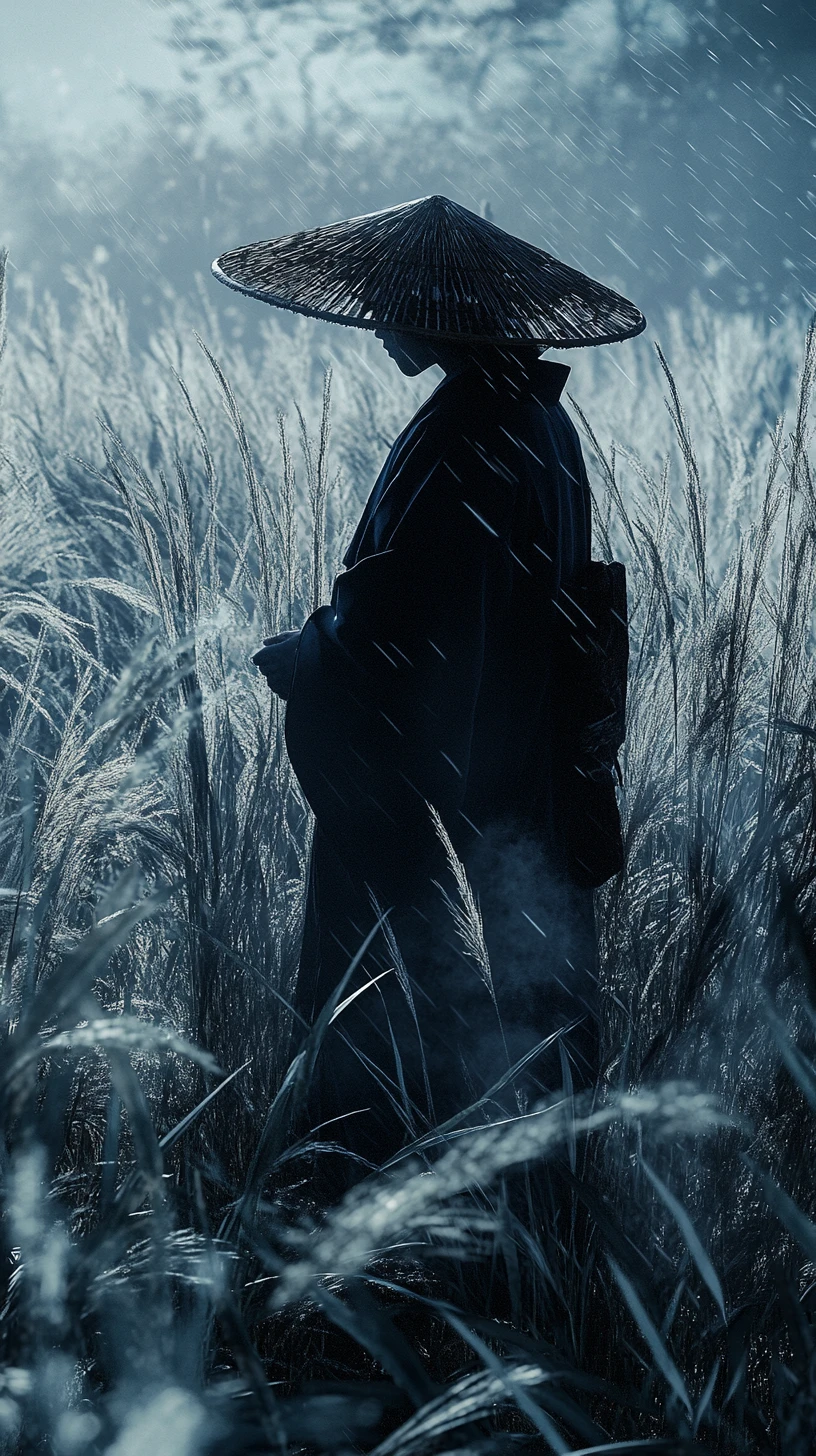 Lone traveler in pampas grass under misty rain