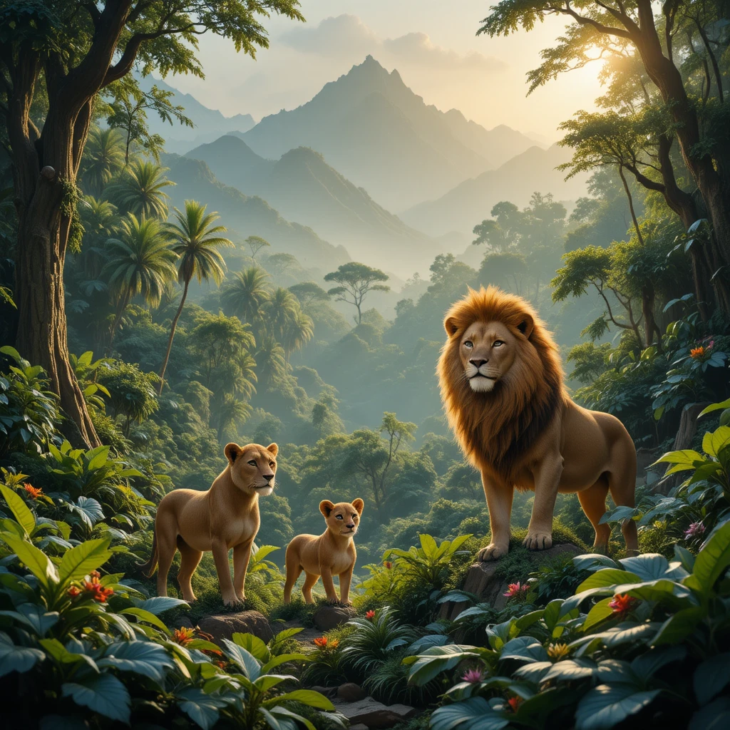 Lion family resting together in a lush jungle