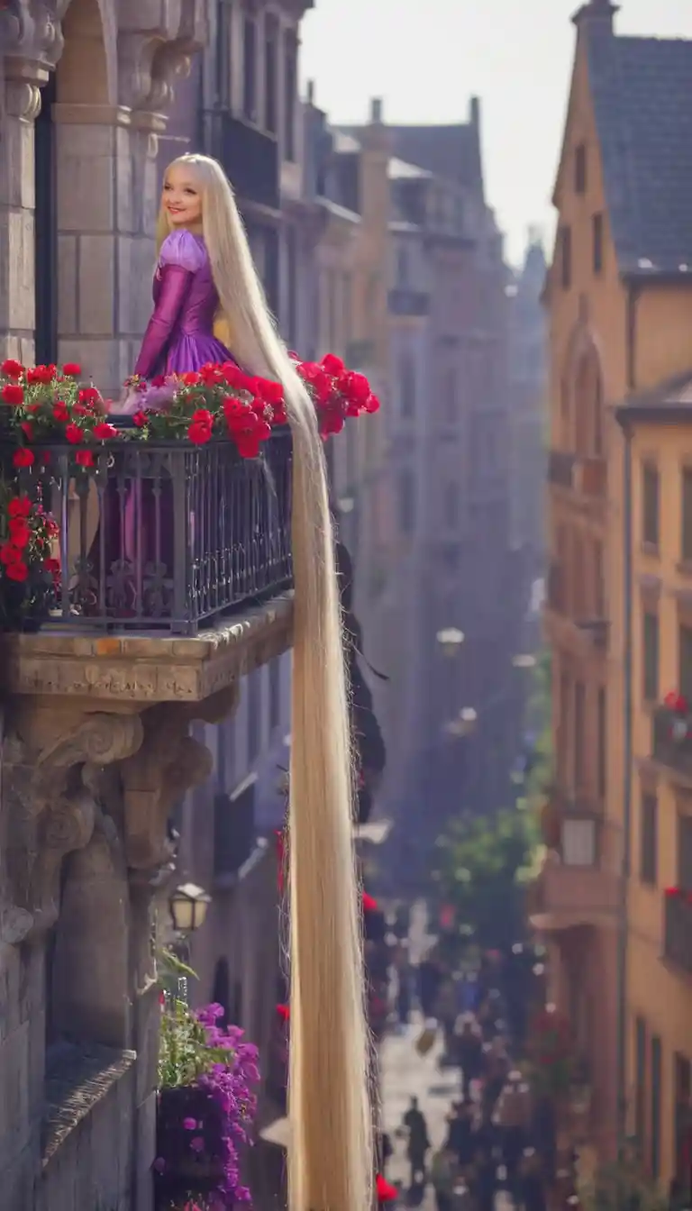Woman with ultra long hair on balcony above street