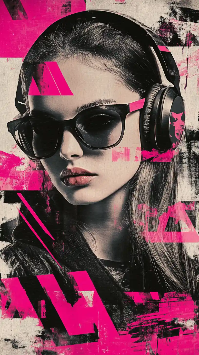 Cool girl with headphones in bold pop art portrait