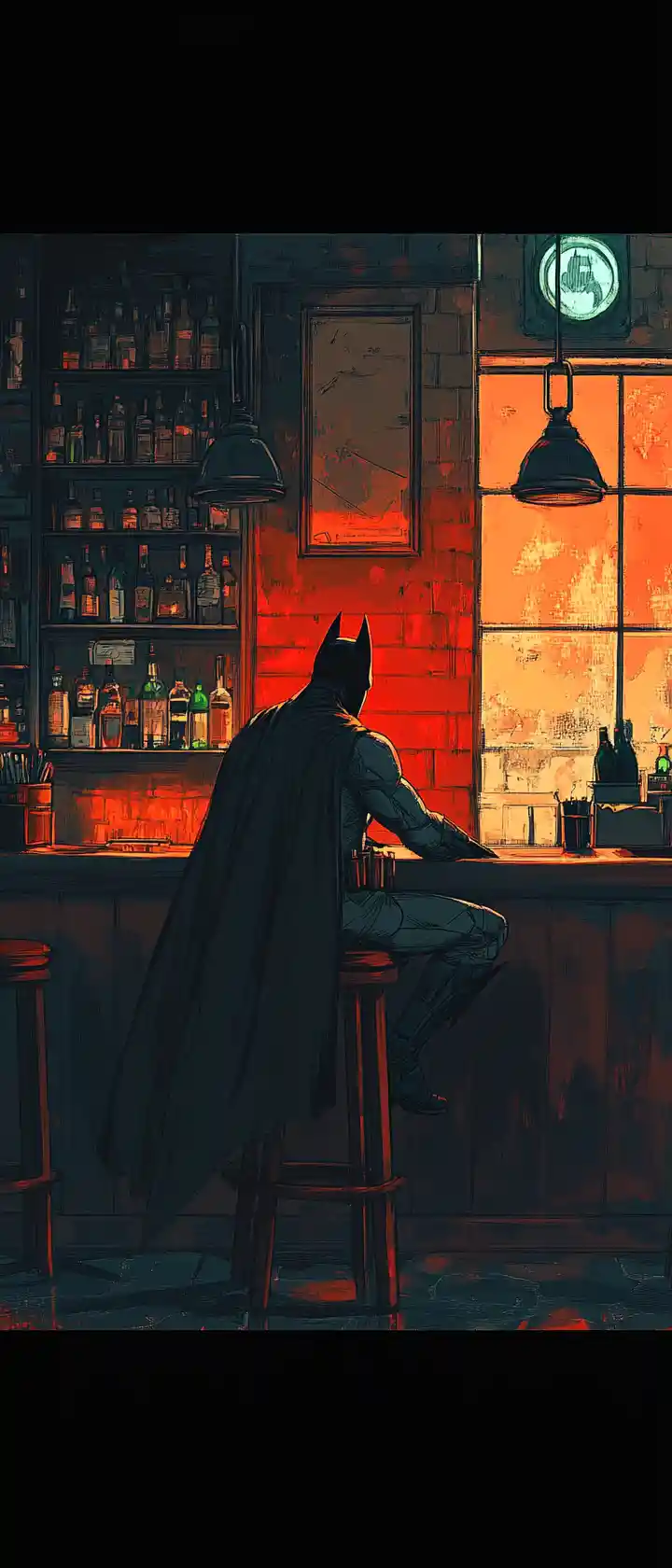 Super-herói de anime em um balcão de bar dos anos 1930 com iluminação dramática