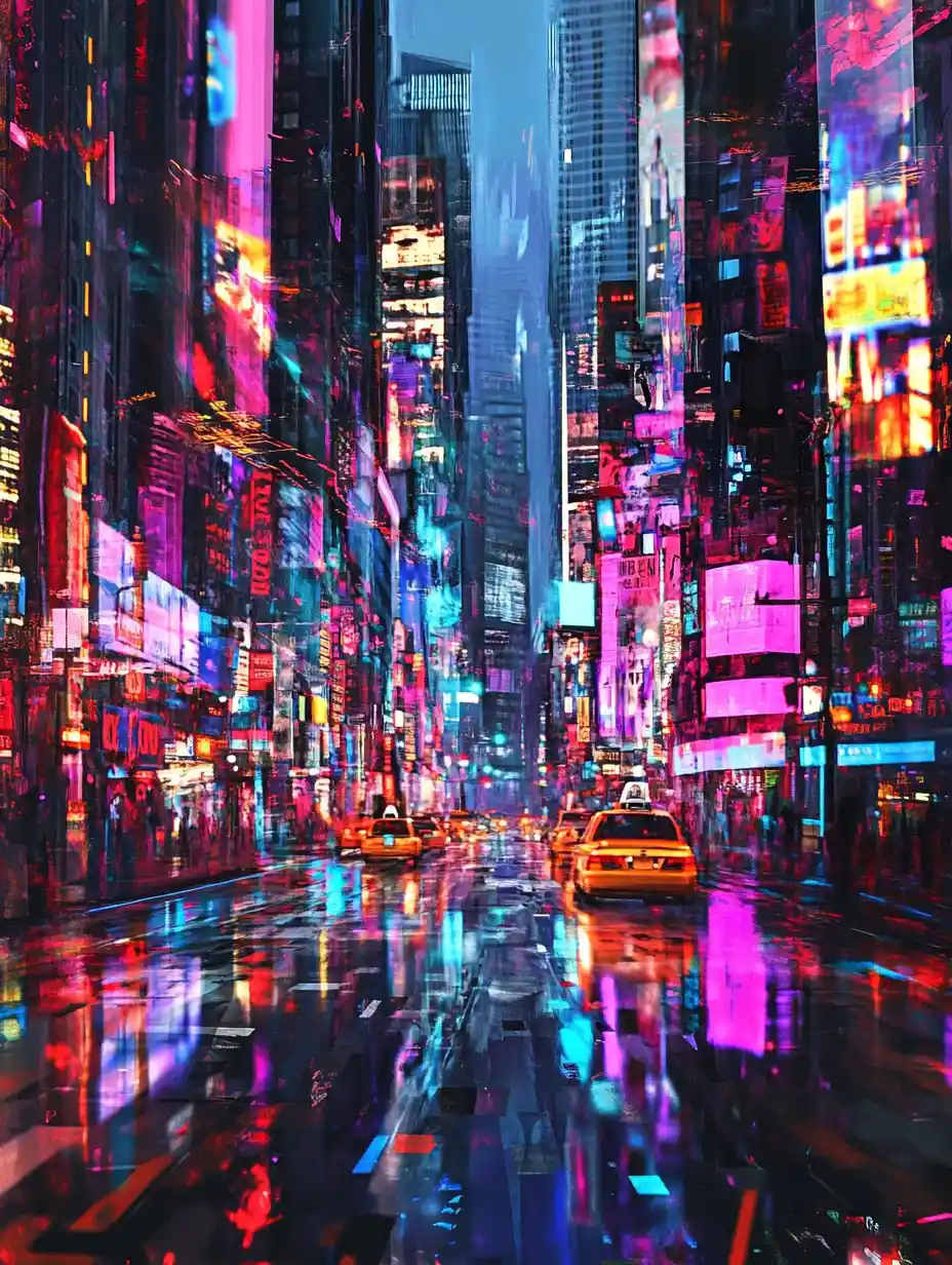Vibrant abstract cityscape with glowing urban lights
