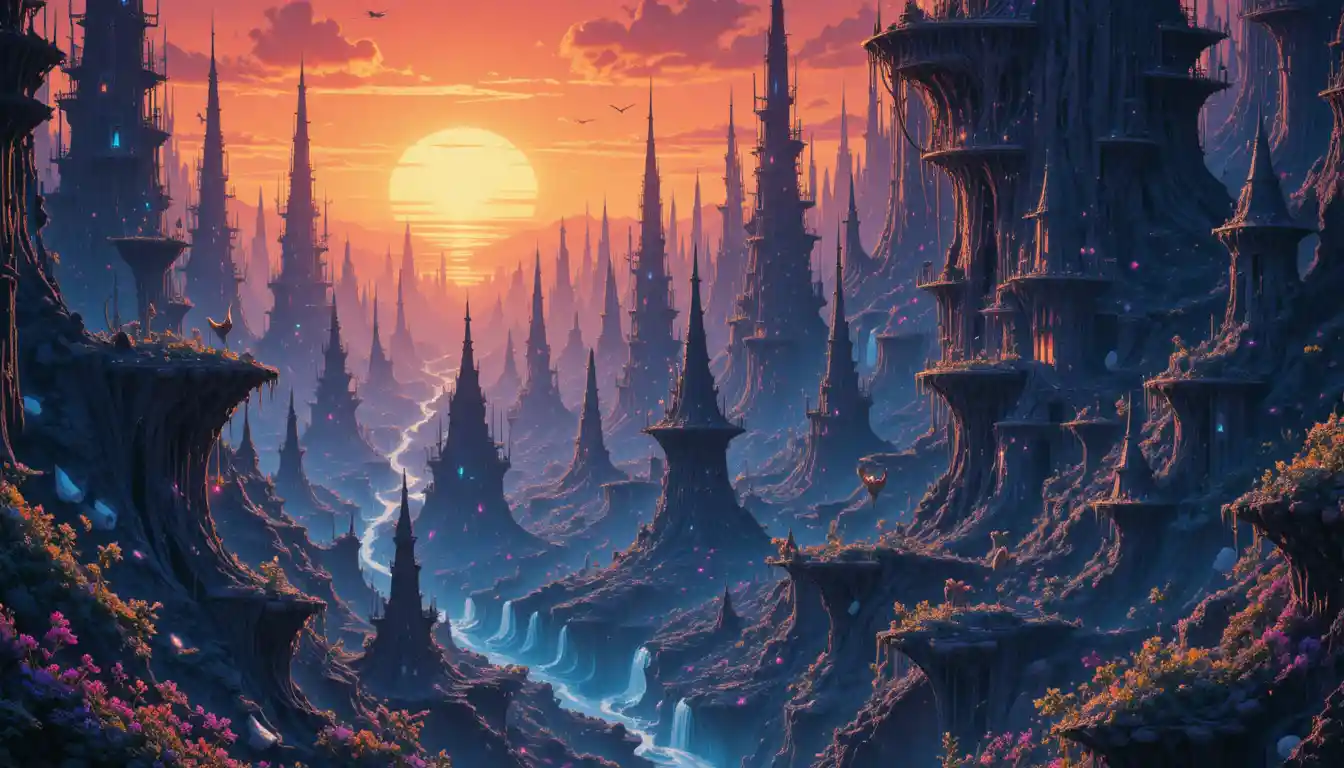 Paisagem urbana alienígena sob sóis gêmeos com torres orgânicas