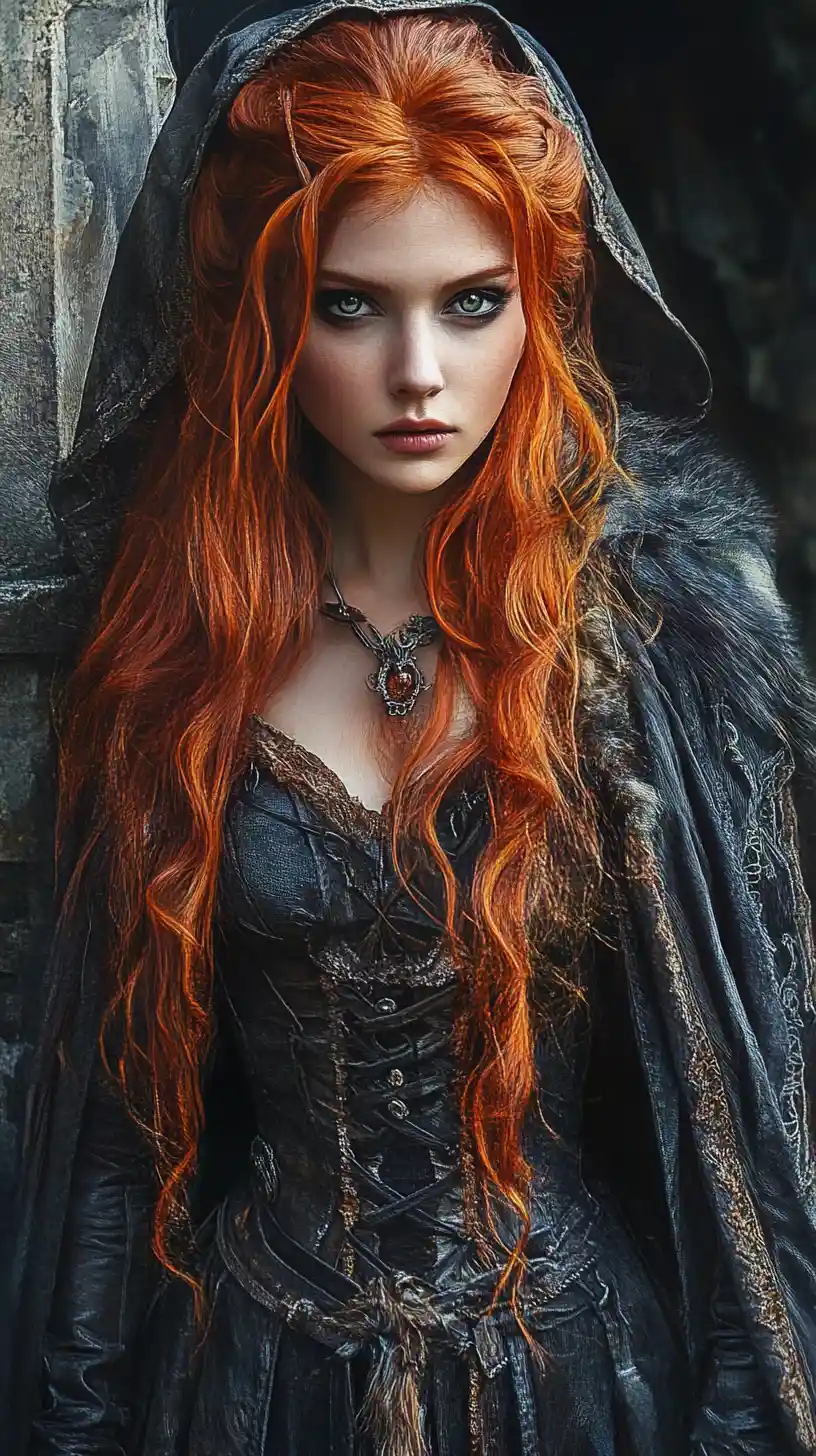 Fille de fantasy rousse avec cape à capuche la nuit