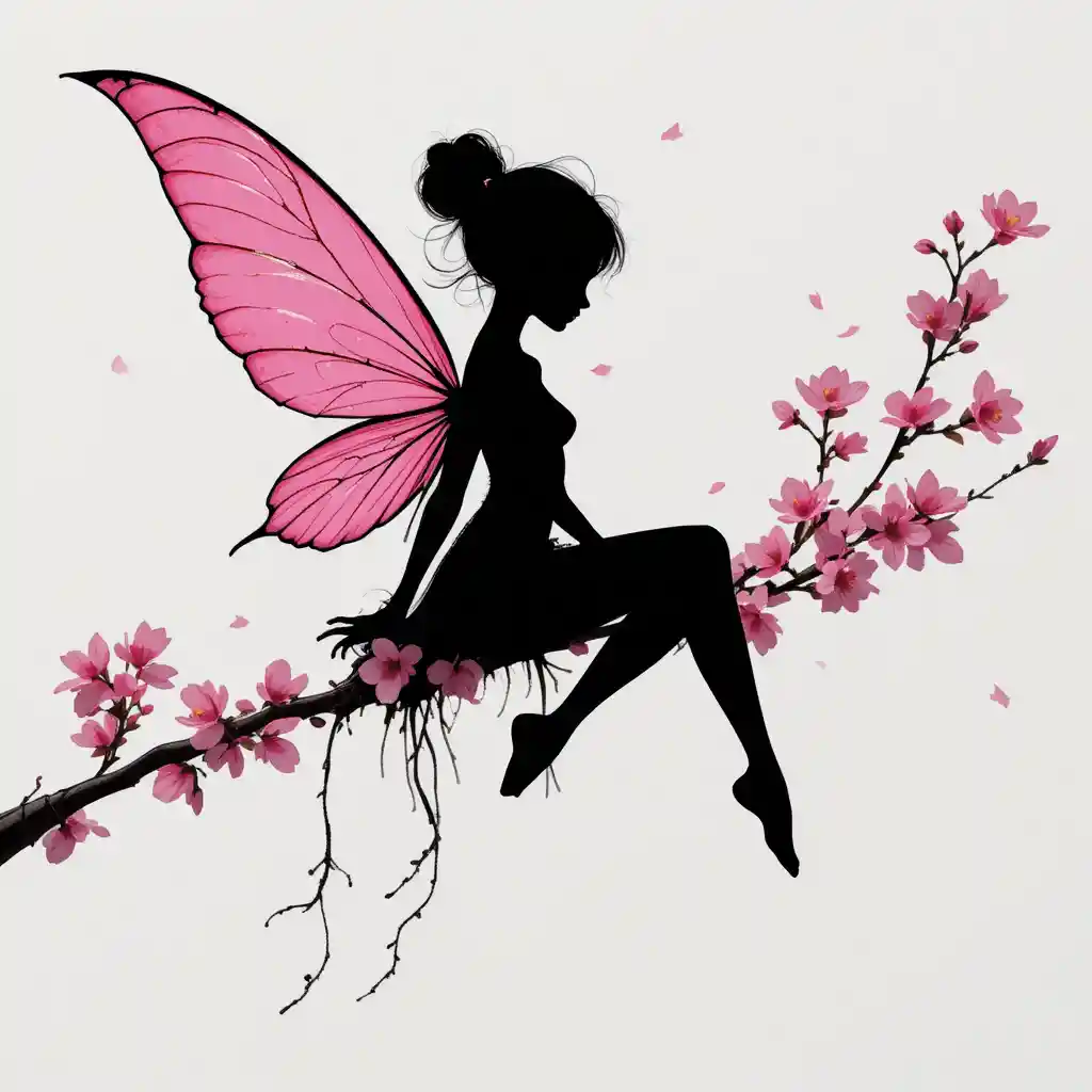 Minimalistische Feensilhouette mit rosa Kirschblütenflügeln
