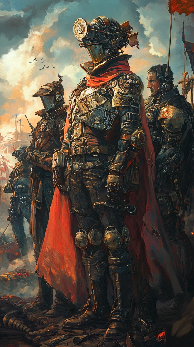 Héros de fantasy steampunk en armure mécanique sous une lumière douce