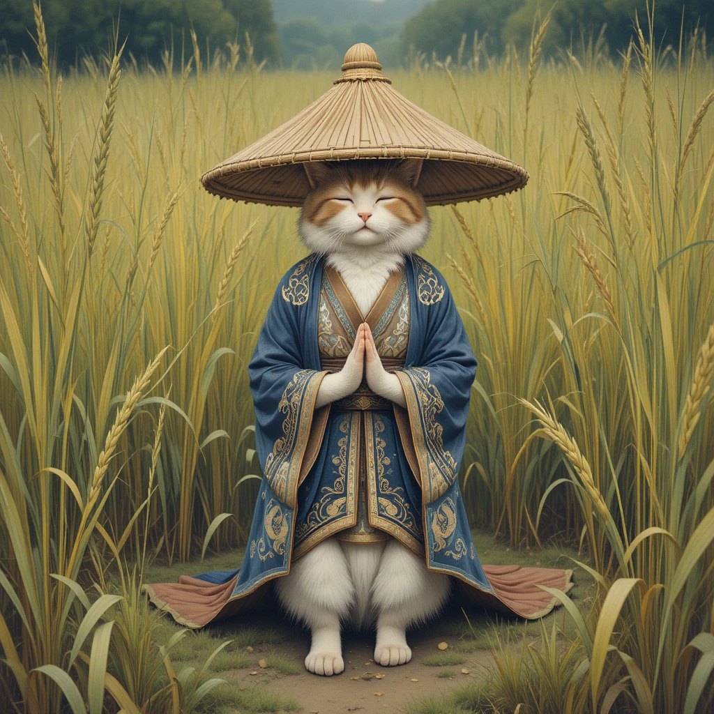 Gato meditando de manto e chapéu cônico no campo de arroz