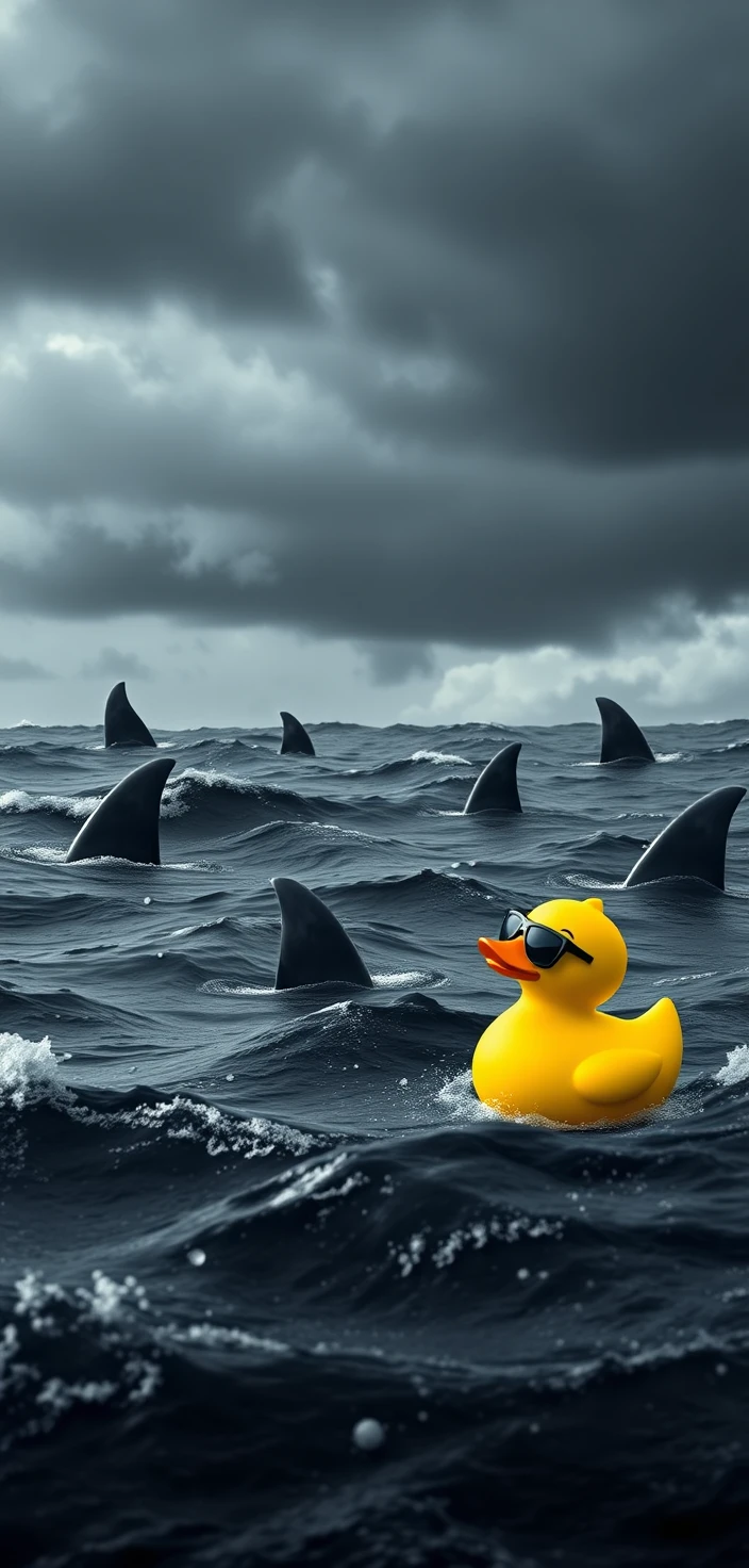 Cool rubber duck in stormy sea with circling shark fins