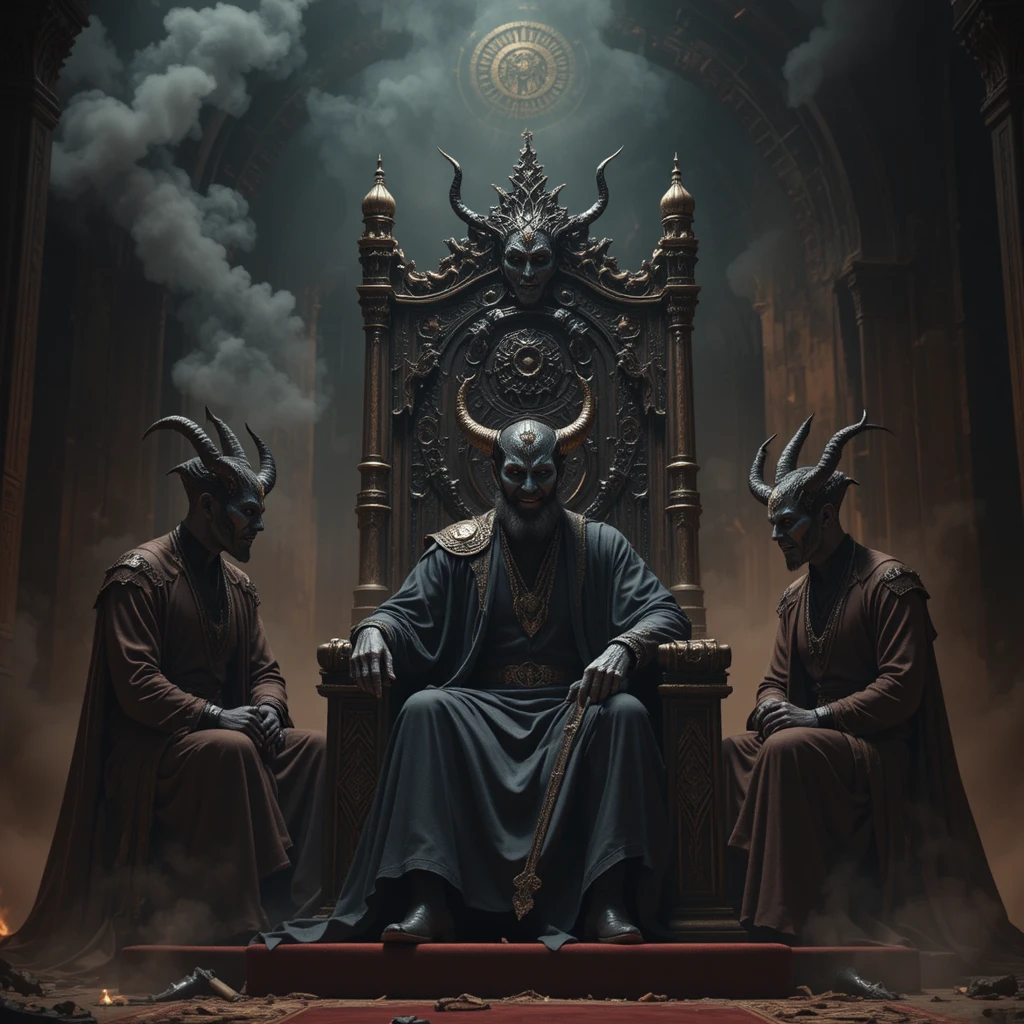 Satan on his throne meeting human tempters in darkness