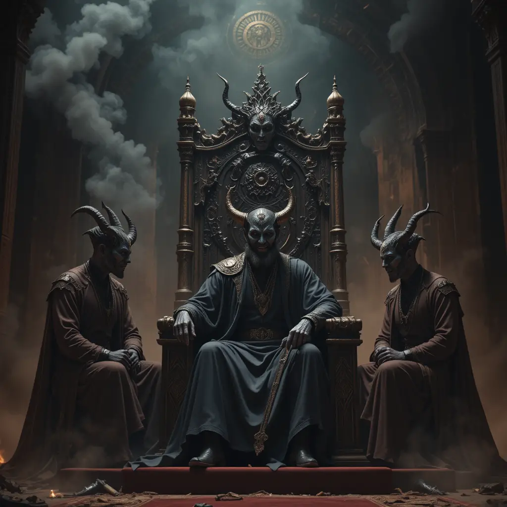Satan on his throne meeting human tempters in darkness