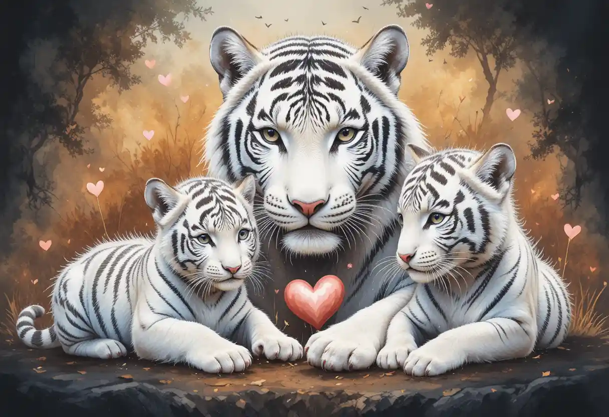 Mãe tigre branca abraçando dois filhotes de olhos azuis