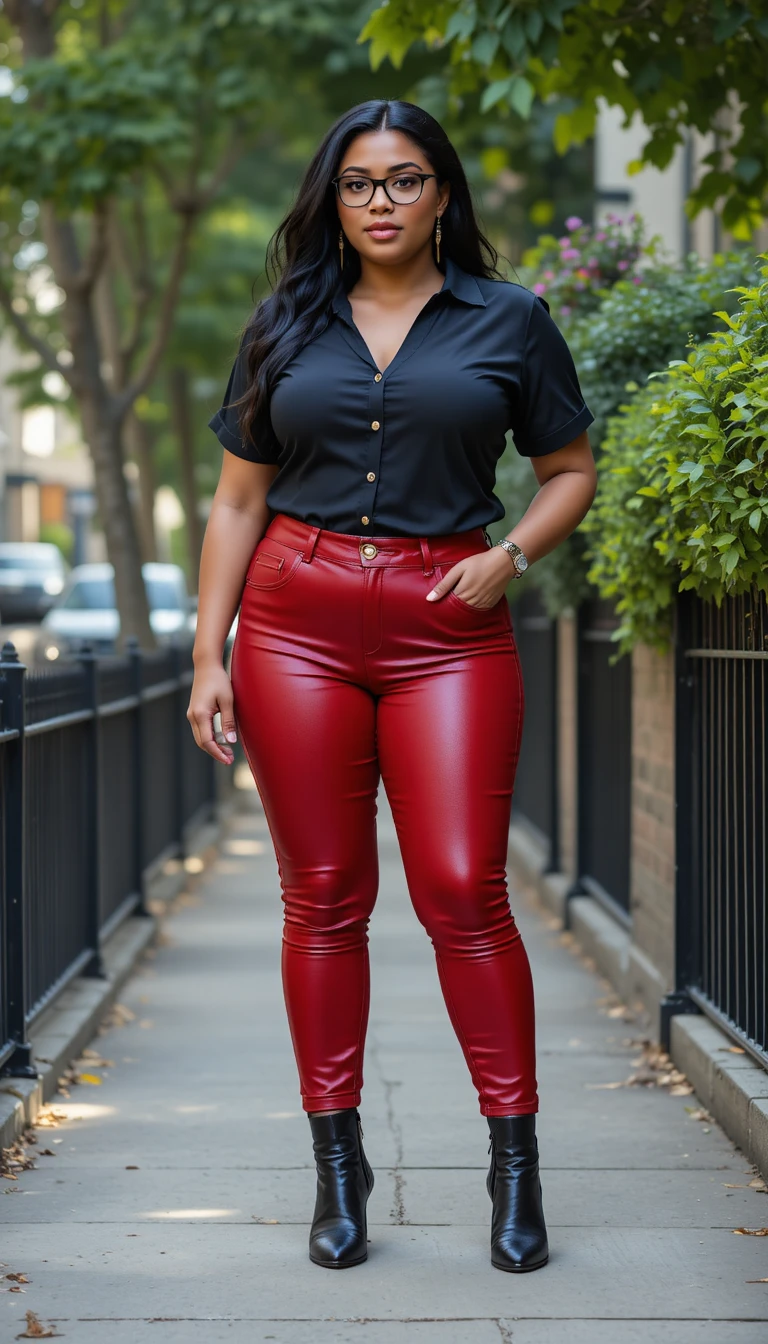 Kurvige Frau in roter Lederjeans auf einem ruhigen Gehweg