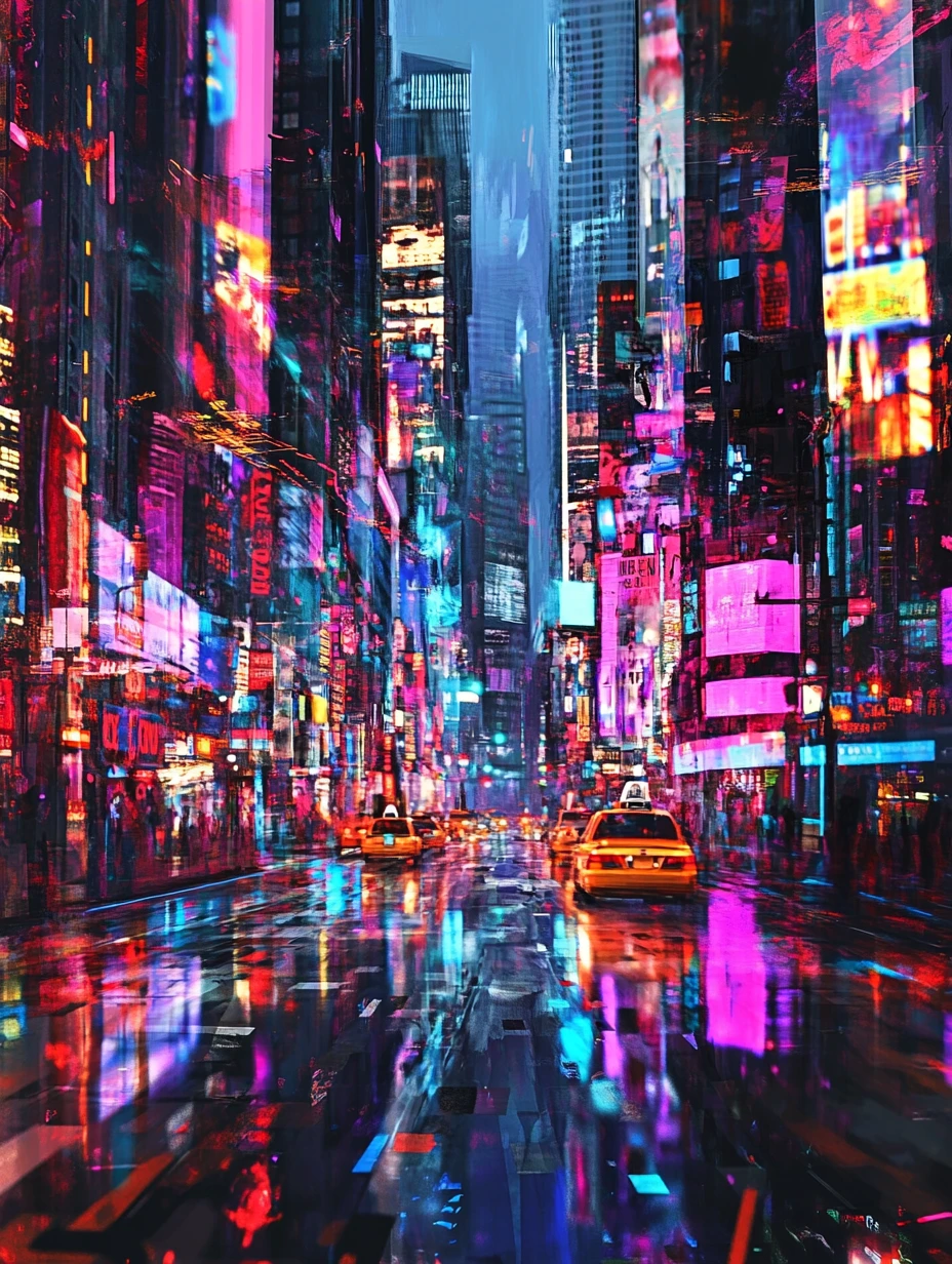 Paisagem urbana abstrata vibrante com luzes brilhantes