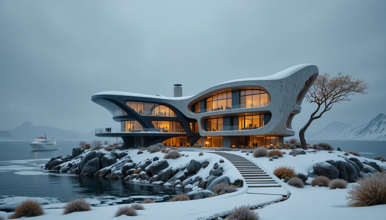 Villa futuriste minimaliste aux murs de verre dans le désert
