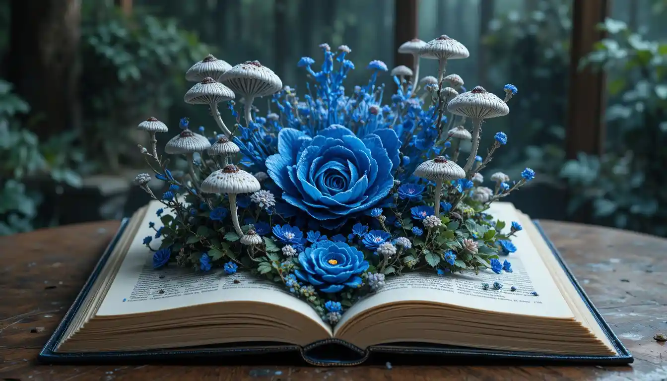 Livre ouvert sur une table avec une flore extraterrestre surréaliste