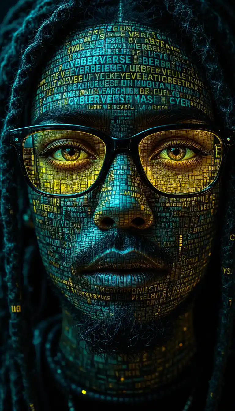 Cyberpunk portrait built from repeating digital text