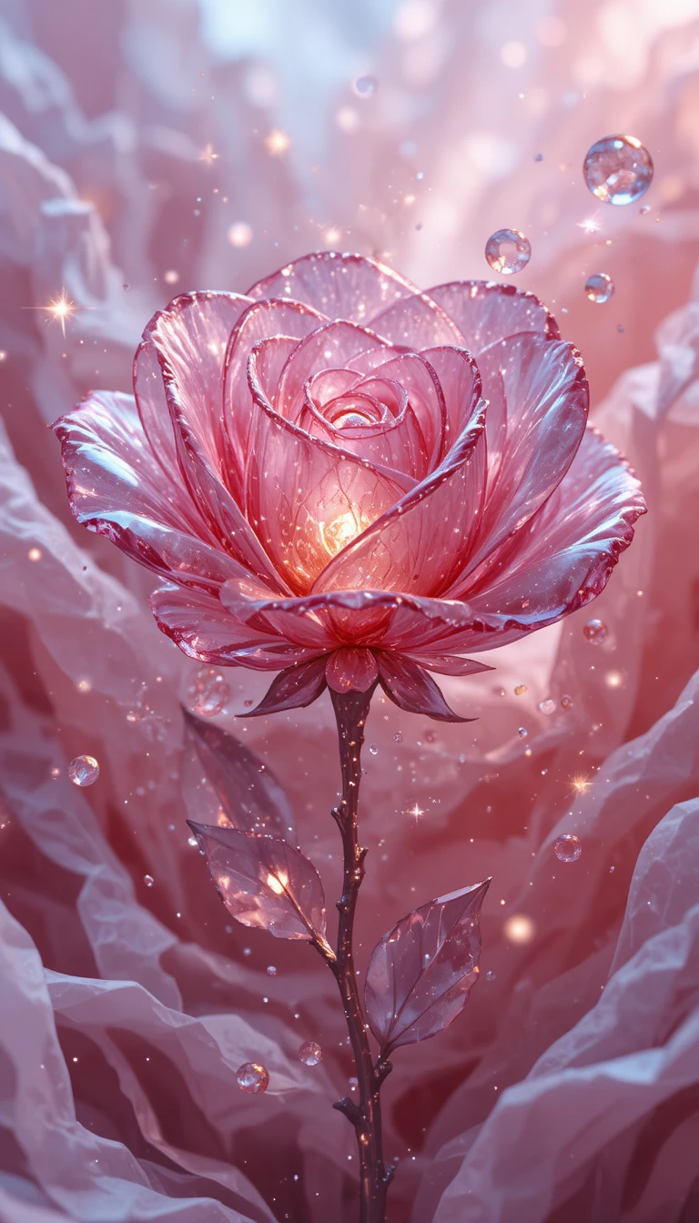 柔和粉紅夢幻場景中的發光水晶玫瑰