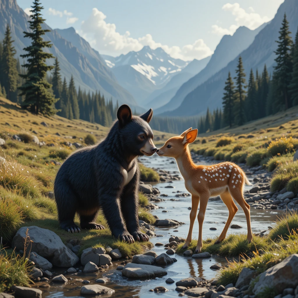 Cucciolo di orso e cerbiatto che si toccano il naso accanto a un ruscello di montagna