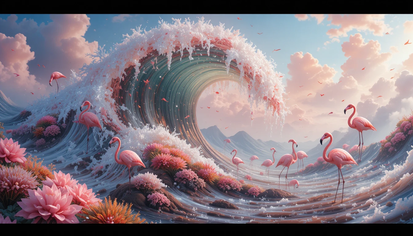 Flamingos abstratos oníricos em ondas e nuvens cor de âmbar