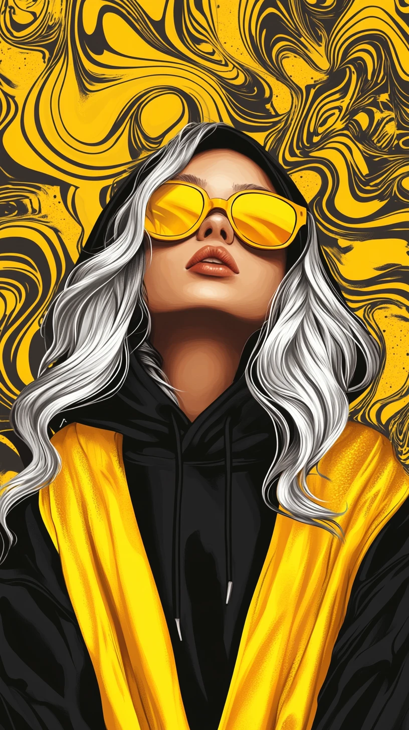 Chica de cabello plateado en manta amarilla mirando pensativa hacia arriba