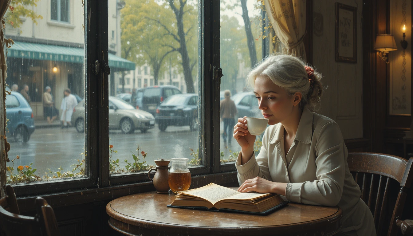 Mujer mayor leyendo y tomando té en una cafetería tranquila