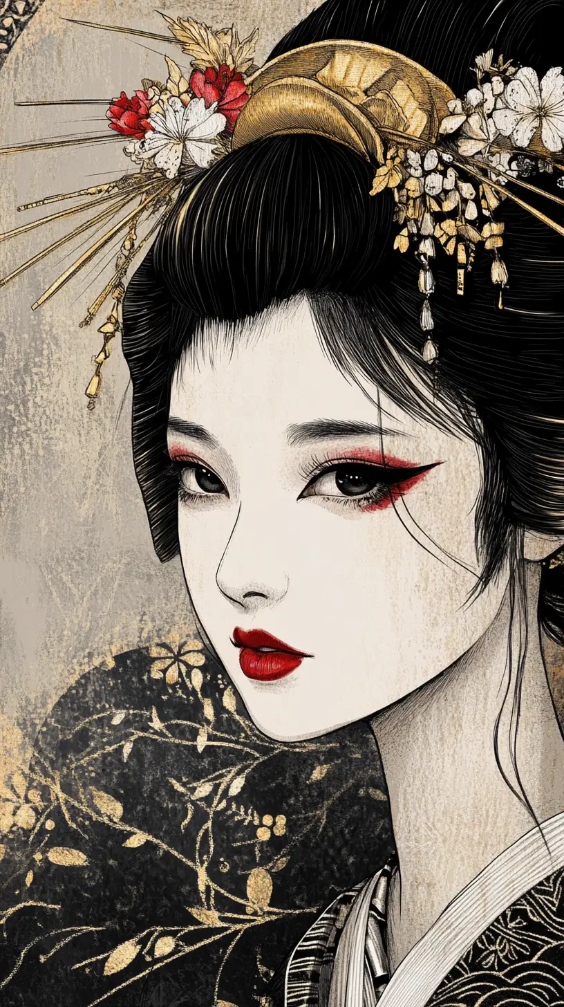 Geisha Portrait In Bold Monochrome Ukiyo E Ink Style