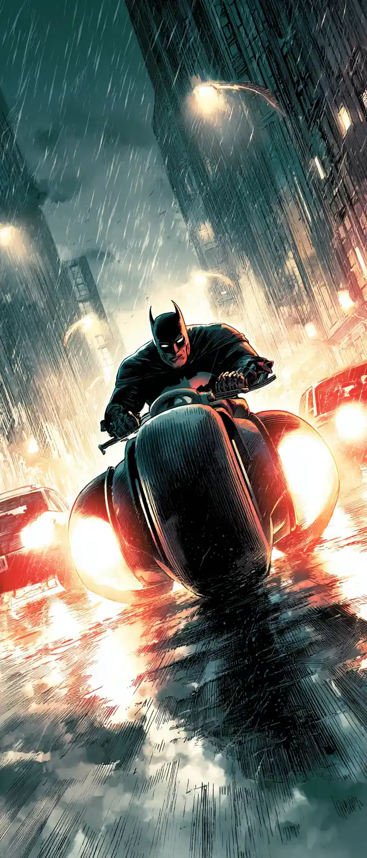 Batman correndo em uma moto futurista pelas ruas chuvosas da cidade