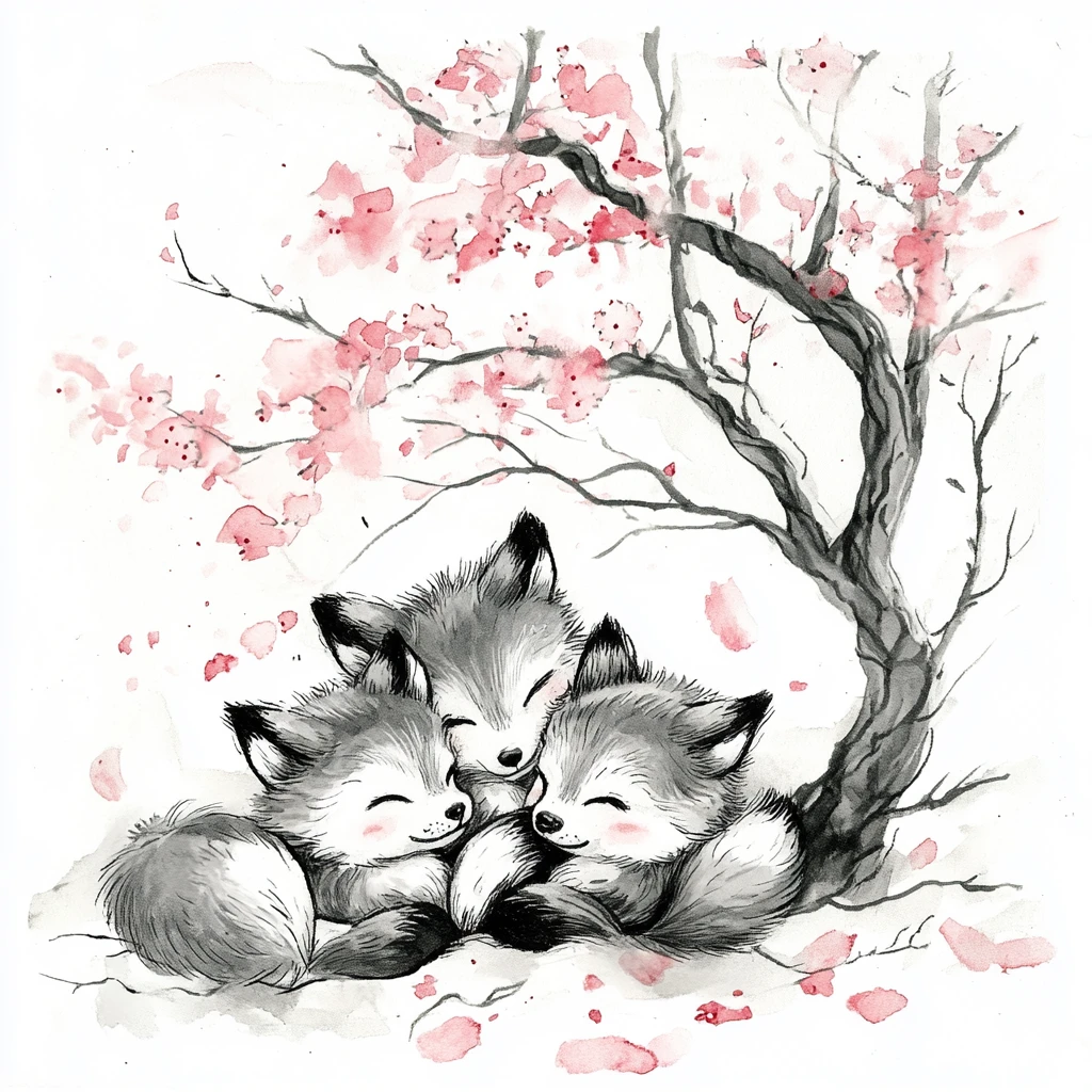 満開の桜の木の下でじゃれ合う子ギツネたち