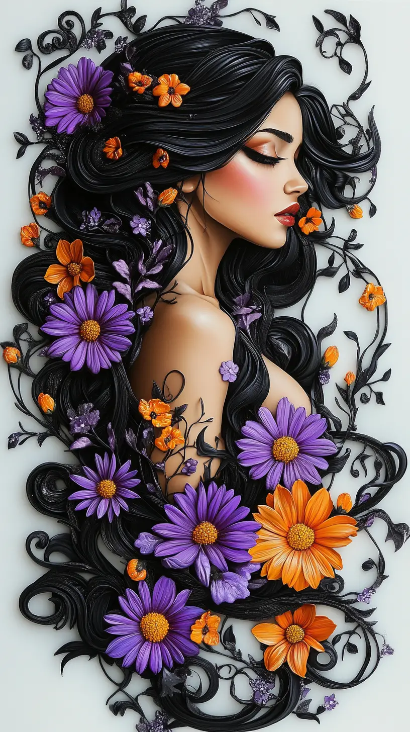 Mulher mexicana com margaridas roxas em um cabelo floral esvoaçante