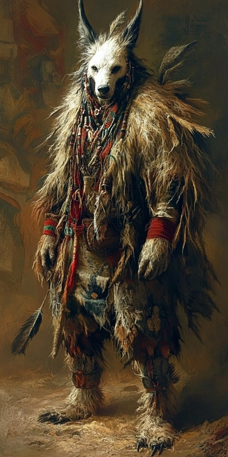 Andarilho da pele humanoide ameaçador em uma paisagem mítica sombria