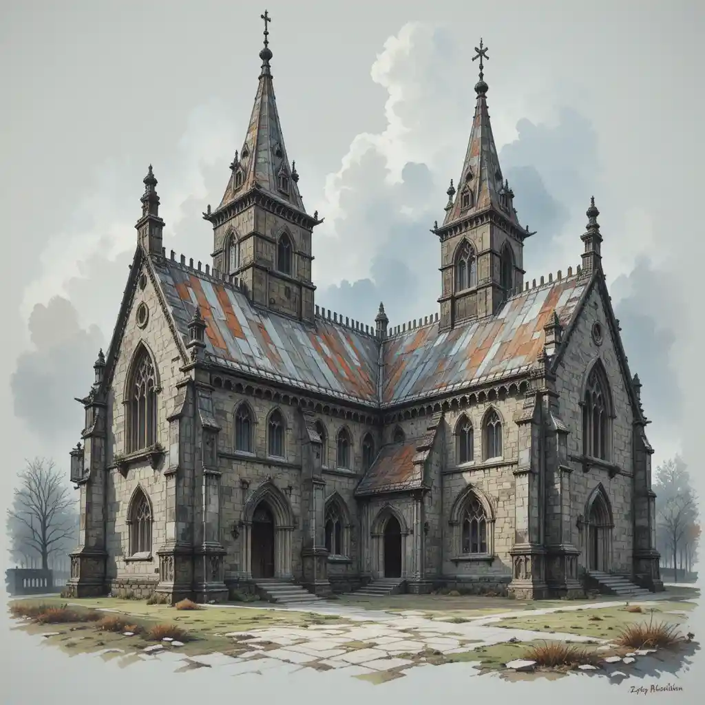 Architettura di chiesa celtica medievale in una cupa pittura mixed media