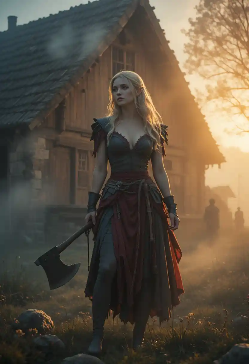 Blonde warrior woman with axe before a Viking longhouse