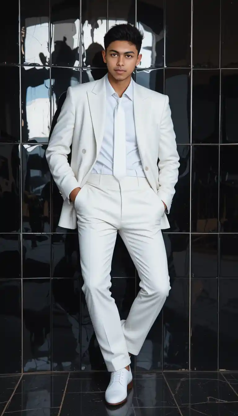 Donna in tailleur bianco appoggiata a una parete di piastrelle nere lucide