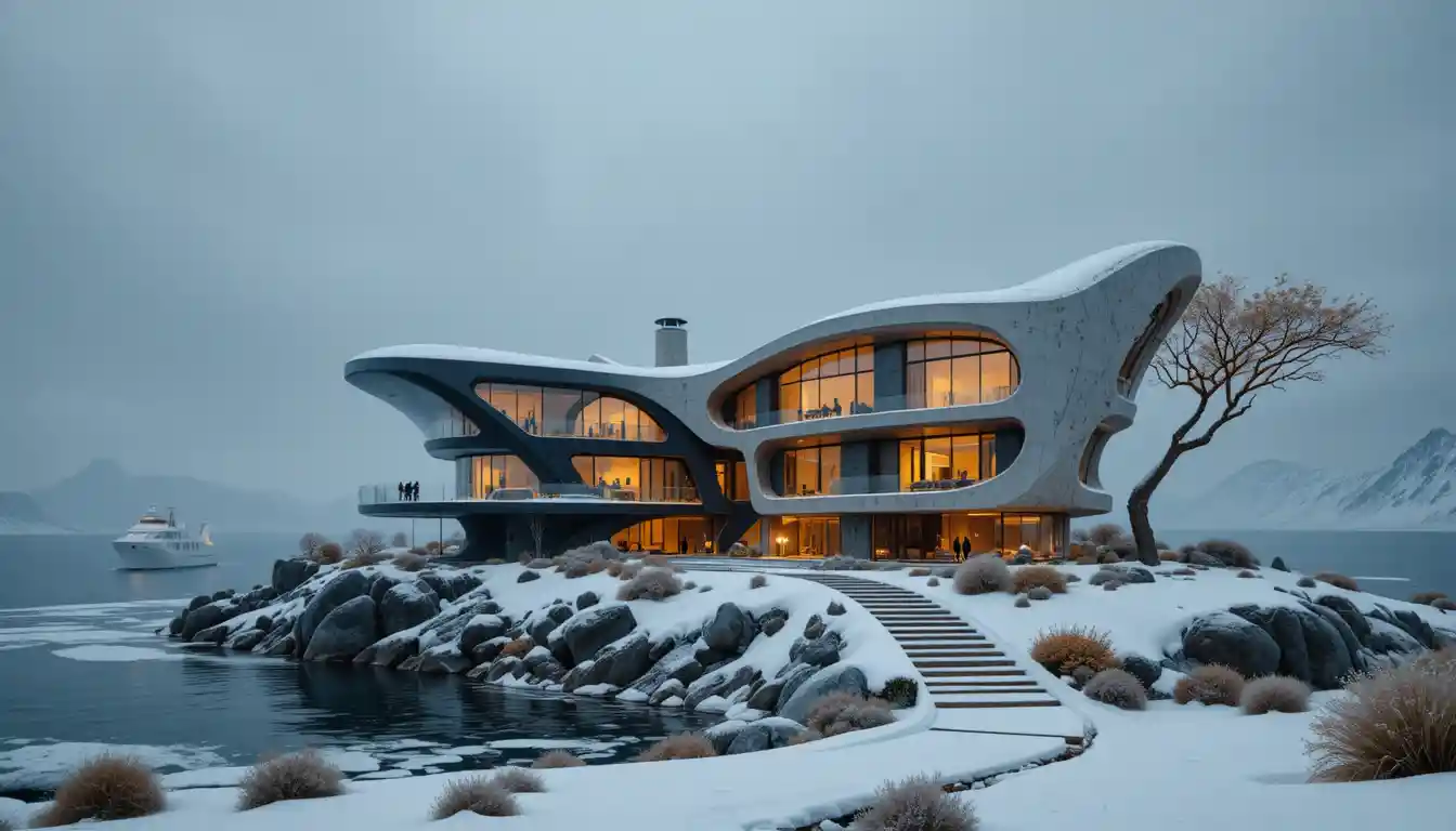 Villa futuriste minimaliste aux murs de verre dans le désert