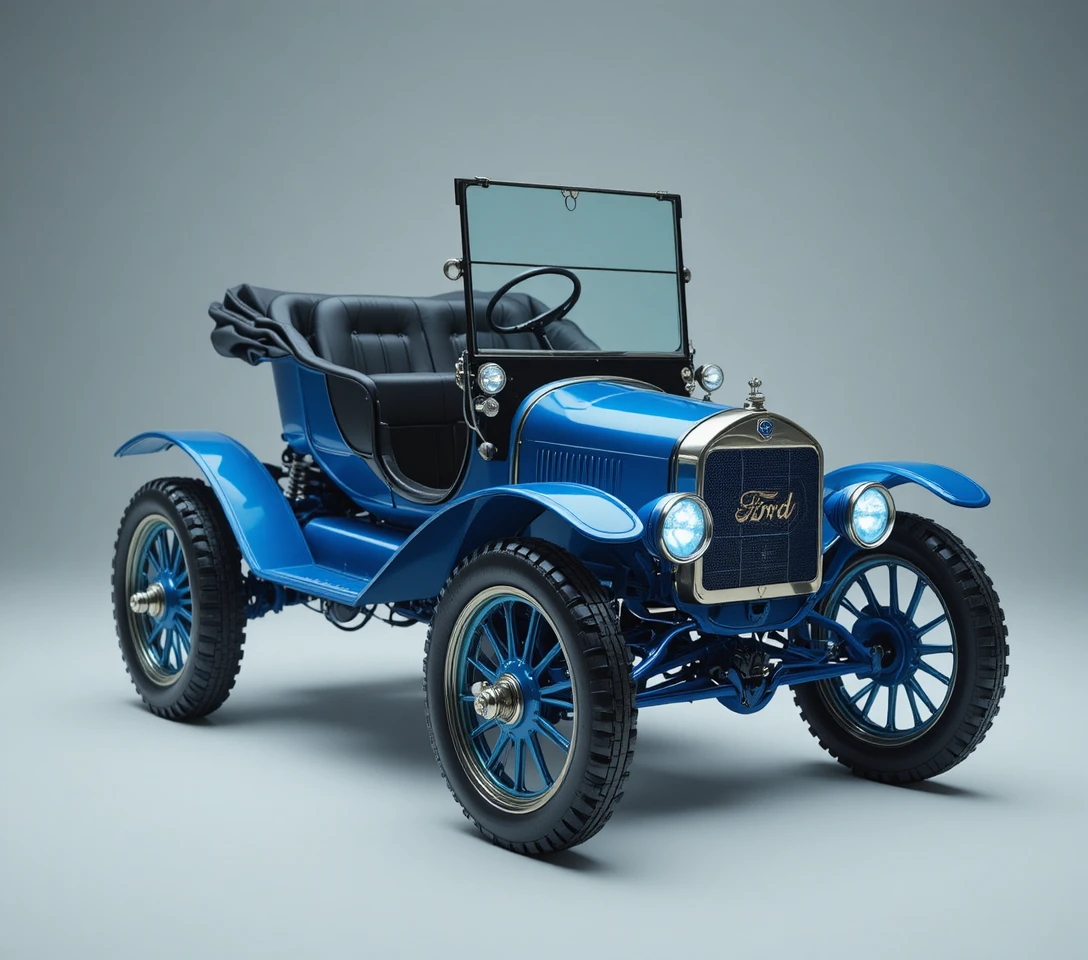 Auto blu d’epoca in stile Ford in studio pulito