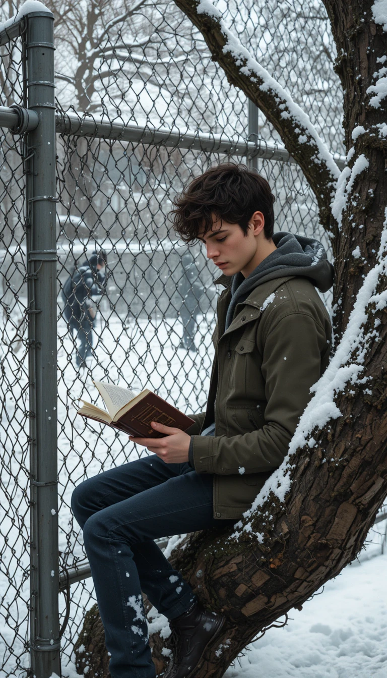 Ragazzo che legge da solo su un albero accanto a una battaglia di palle di neve a scuola d’inverno