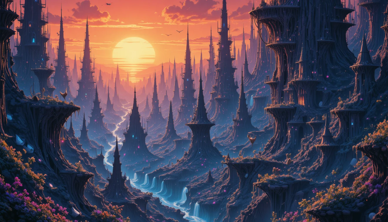 Paisagem urbana alienígena sob sóis gêmeos com torres orgânicas