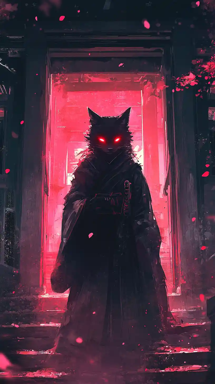 Espíritu kitsune en el umbral sombrío de un templo japonés
