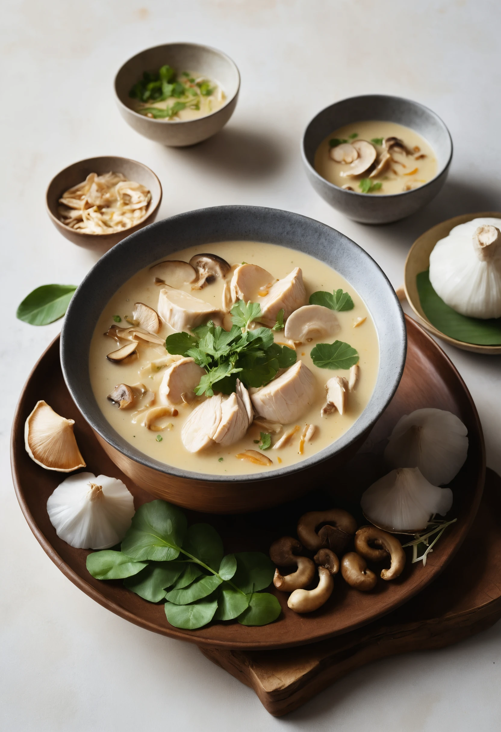 Ciotola fumante di tom kha gai sotto le calde lanterne del mercato