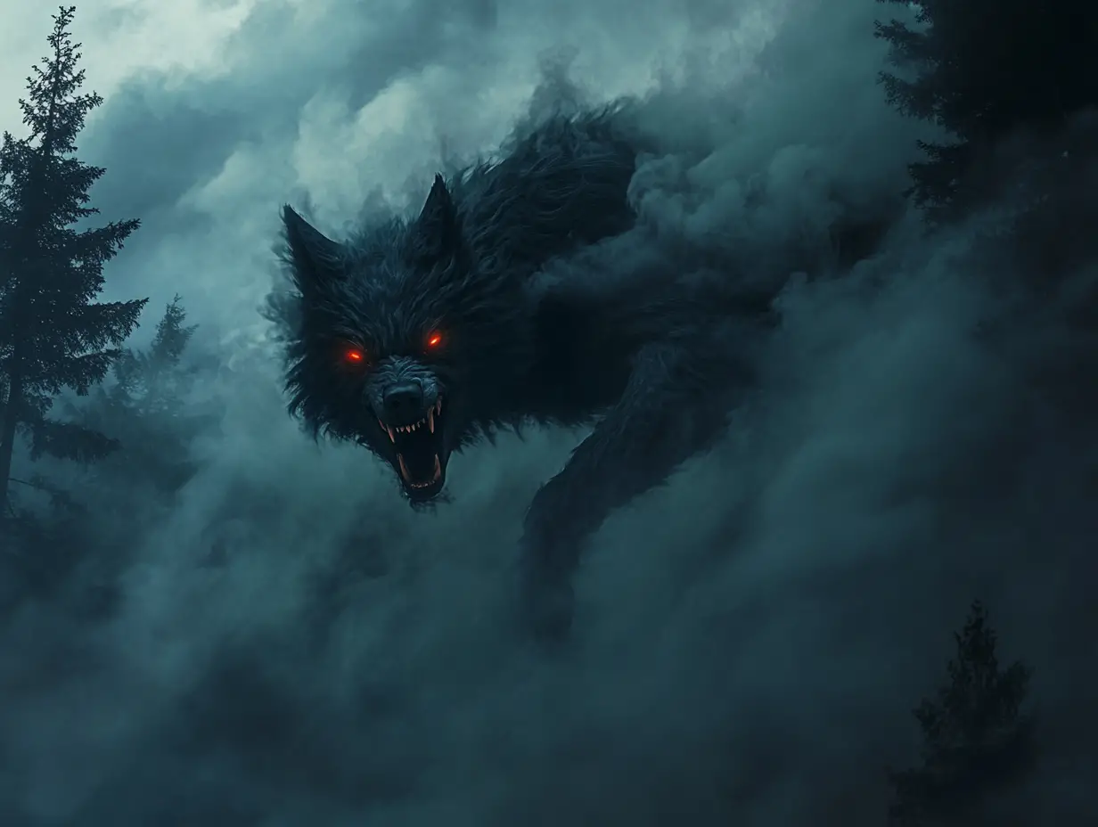 Loup formé de fumée bondissant dans une forêt brumeuse au clair de lune