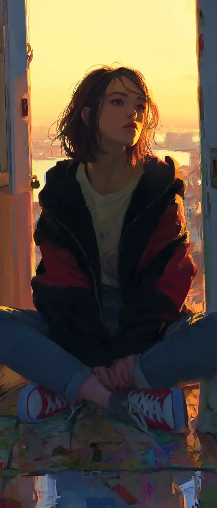 Young artist crying over a broken brush at sunrise