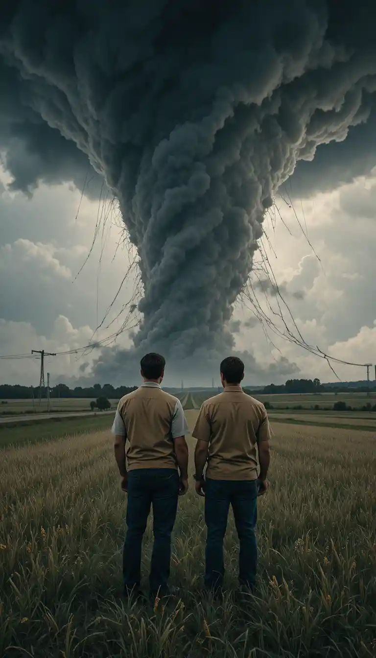Pareja de cazadores de tormentas frente a un tornado extremadamente violento