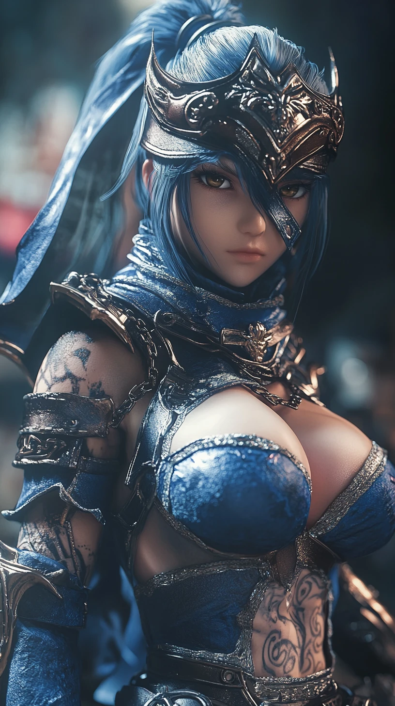 Scarred anime warrior woman with tattoos in blue armor